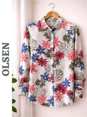 Olsen Floral Button Up Blouse XL Lightweight Shirt